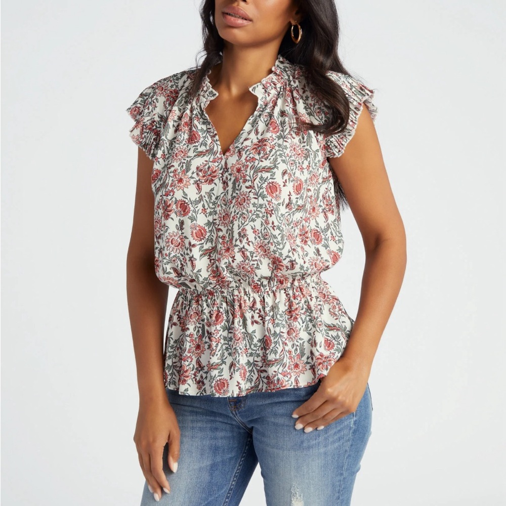 Pleated Sleeve Floral Peplum Top- VOY Los Angeles- 1X